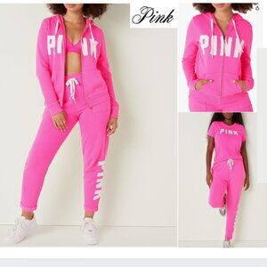 Victoria’s Secret PINK Logo Full Zip-Up Sweatshirt & Fleece Jogger Set NWOT